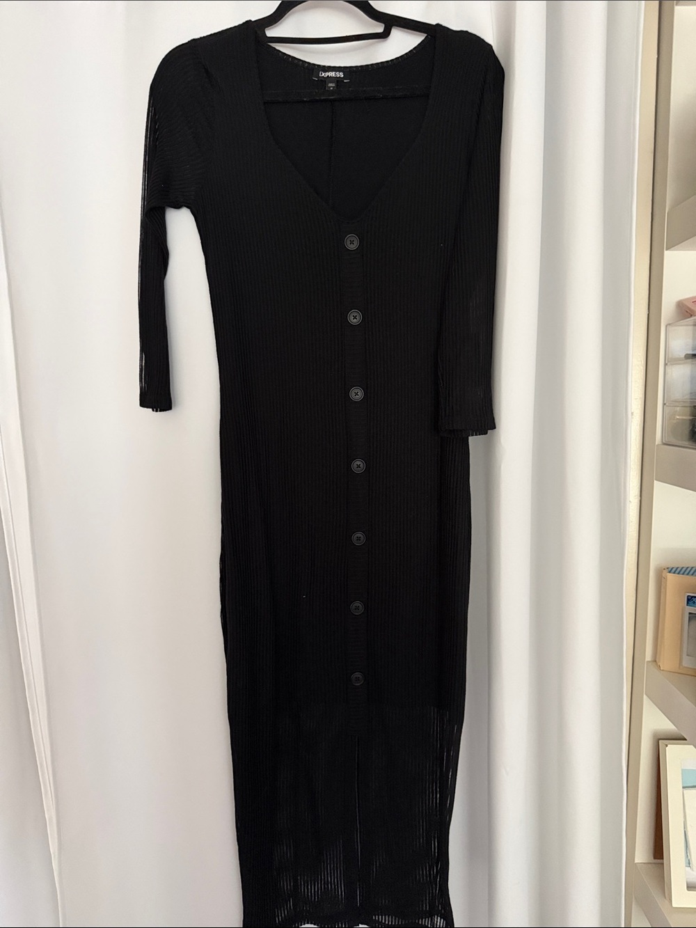 Express Black Ribbed Button-Front Midi Dress with V-Neck